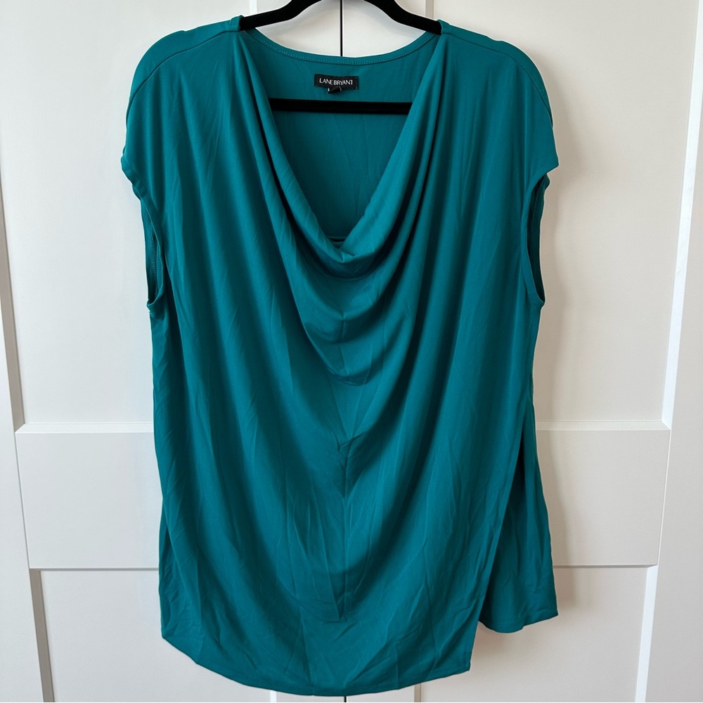 Lane Bryant Teal Cowl Neck Cap Sleeve Top, lined flap side, size 18/20